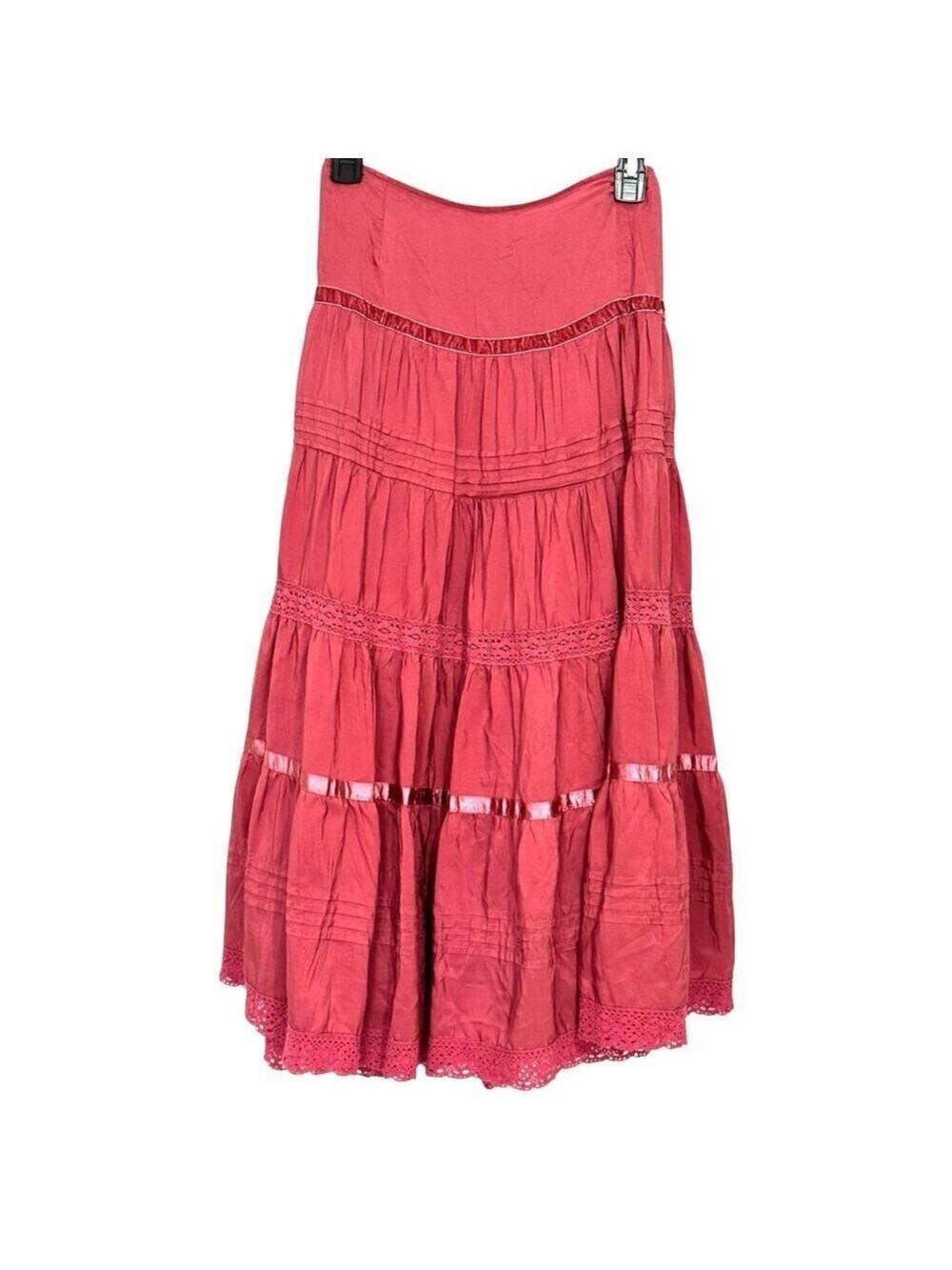 Vintage Gorgeous Vents d'Ailleurs Pink Silk Tiered Crochet Midi/Maxi Skirt XL